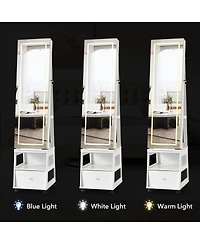 gaomon 360° Swivel Jewelry Armoire with Full Length Mirror, Led Vanity Mirror with Jewelry Storage Drawer, Shelf, Wheels, Freestanding Lockable J