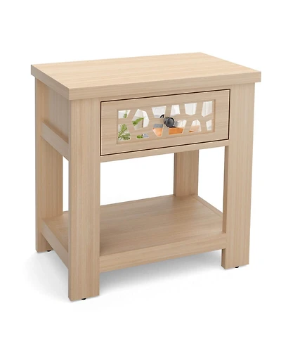 Gouun Wood Retro End Table with Mirrored Glass Drawer and Open Storage Shelf