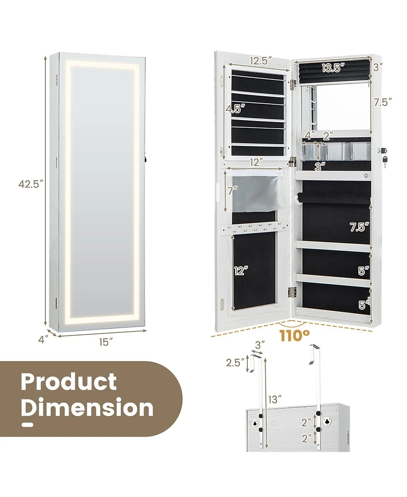Gouun 42.5 Inches Lockable Jewelry Mirror Wall Cabinet with 3-Color Led Lights