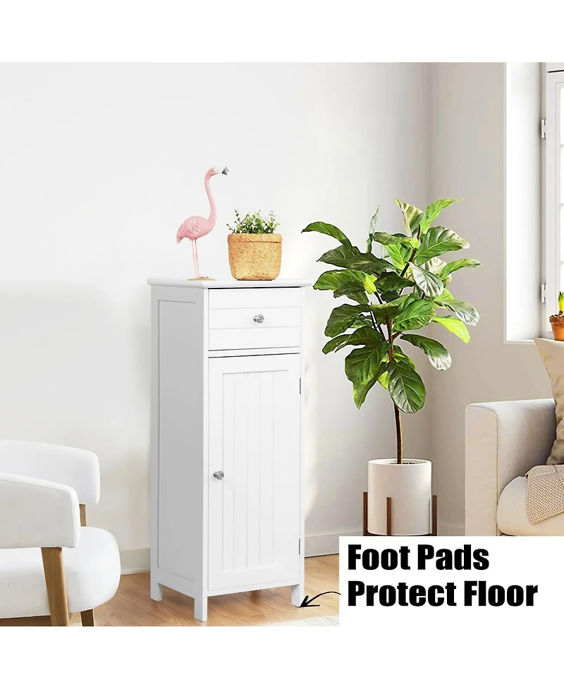 Wooden Bathroom Floor Storage Cabinet Organizer with Drawer and Adjustable Shelf