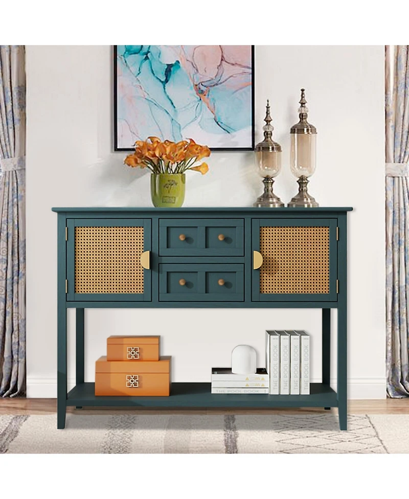 gaomon Console Table with Rattan 2 Drawers, Accent Sofa Table Entryway Table with Cabinet Storage, Narrow Wood Sofa Table, 2 Tier Long Behind Couch Ta