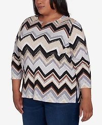 Alfred Dunner Plus Size Zig Zag Split Neck Top
