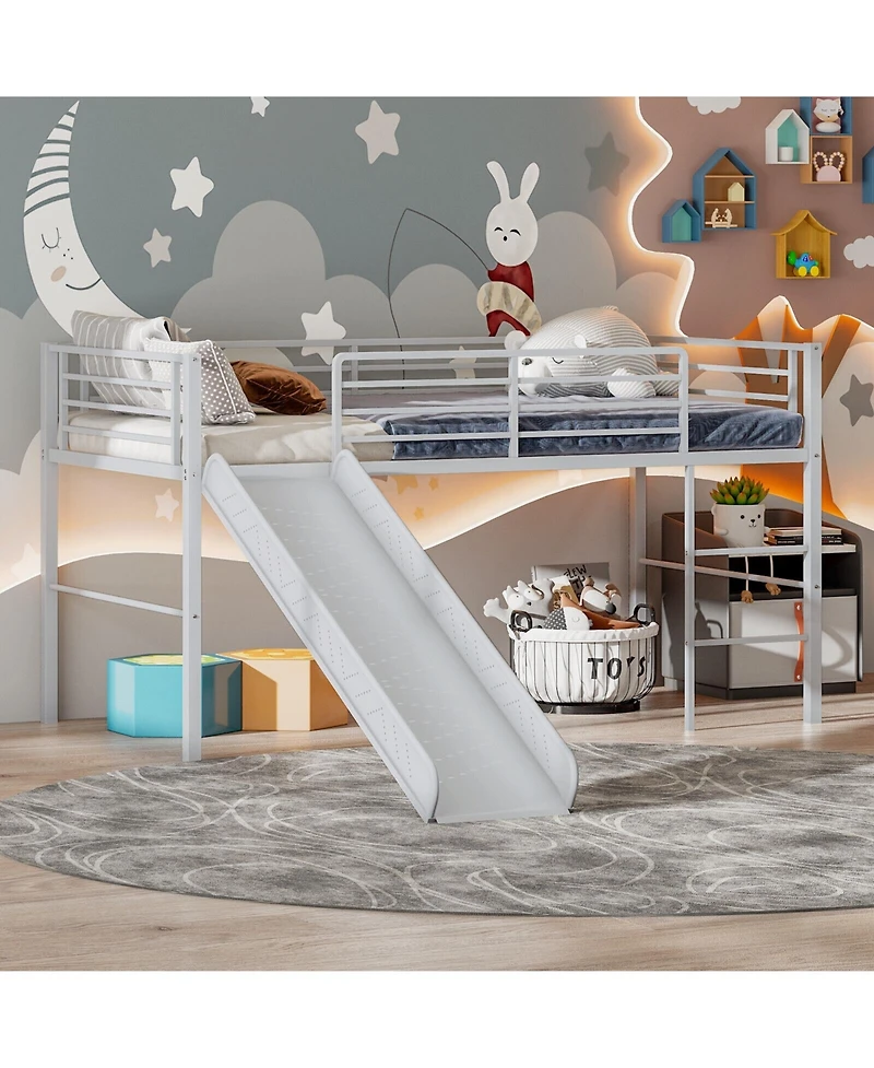 Gouun Twin Metal Loft Bed with Slide Safety Guardrails and Built-in Ladder