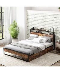 Gouun Queen Bed Frame with 2-Tier Storage Headboard and Charging Station-Queen Size