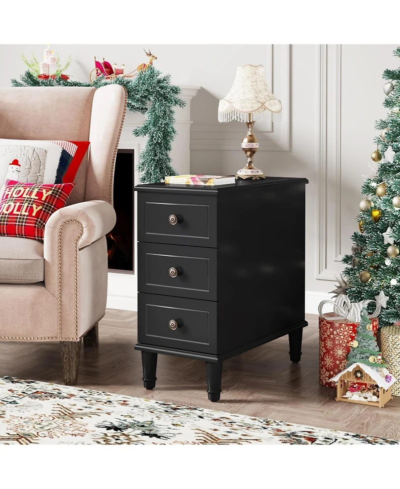 Tribesigns Solid Wood End Table Set of 2, Fully Assembled Narrow Side Table with Drawers, Pre-Assembled Nightstand Slim Bedside Table for Small Spaces