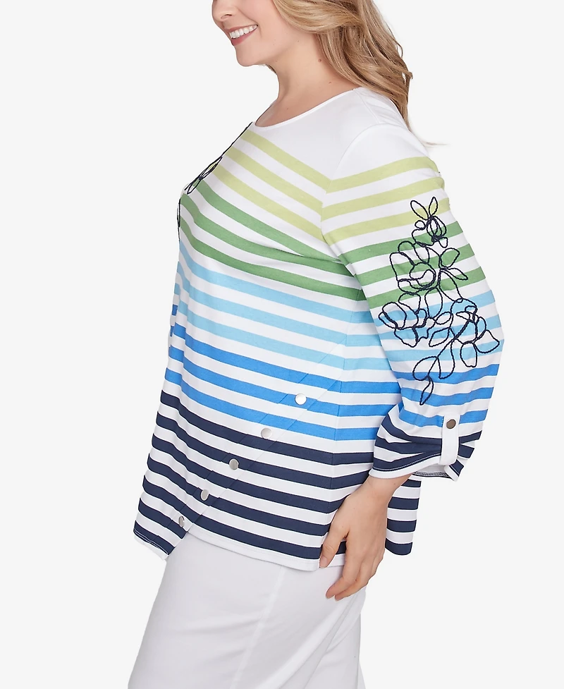 Ruby Rd. Plus Striped Embellished Three Quarter Sleeve Top