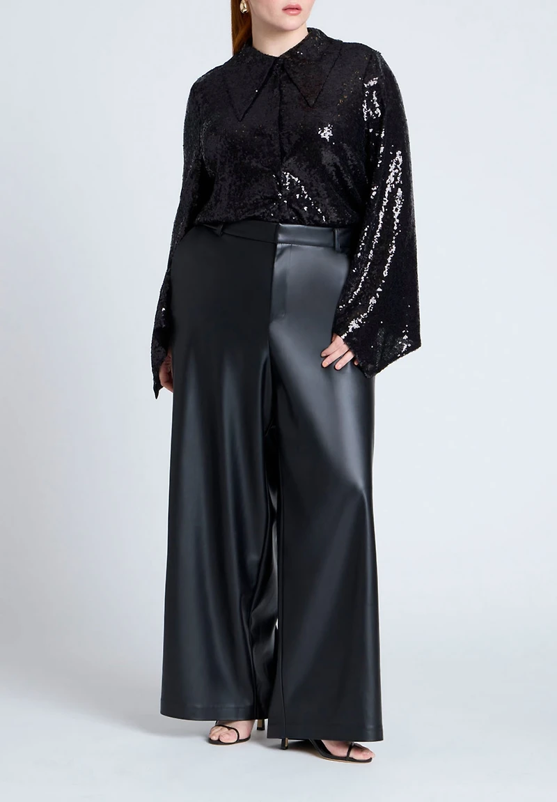 Eloquii Women's Plus Flare Sleeve Sequin Button Down