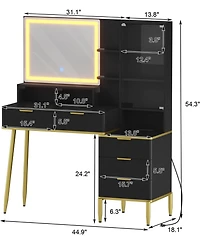 gaomon Makeup Vanity Desk with Lights & Power Outlet, Big Modern Fluted Vanity Desk with 30" Hd Lighted Mirror, 5 Drawers and Storage Shelf，Dre