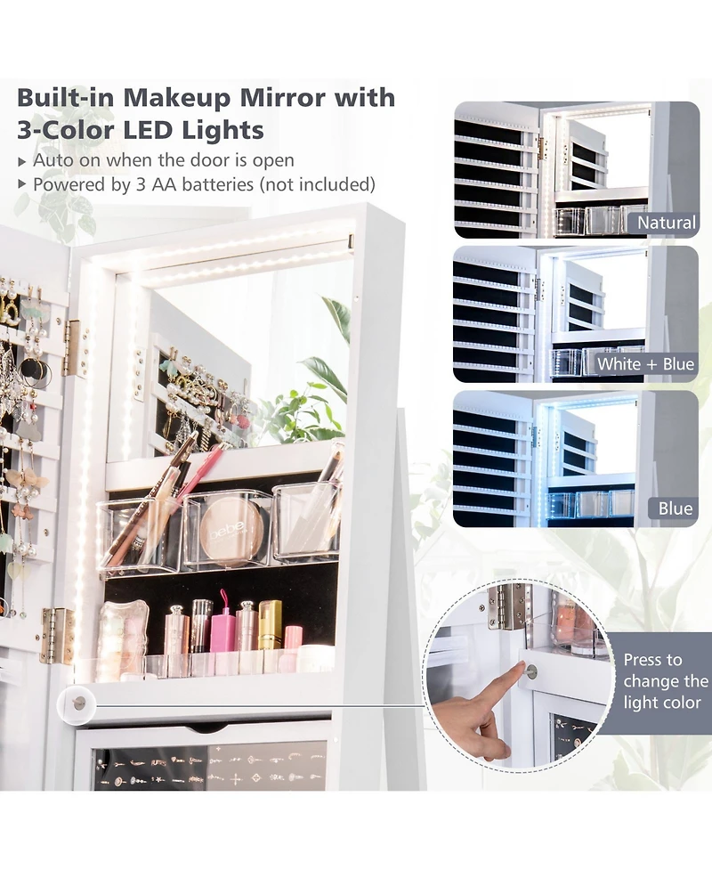 Gouun 360 Rotating Mirrored Jewelry Cabinet Armoire 3 Color Led Modes Lockable
