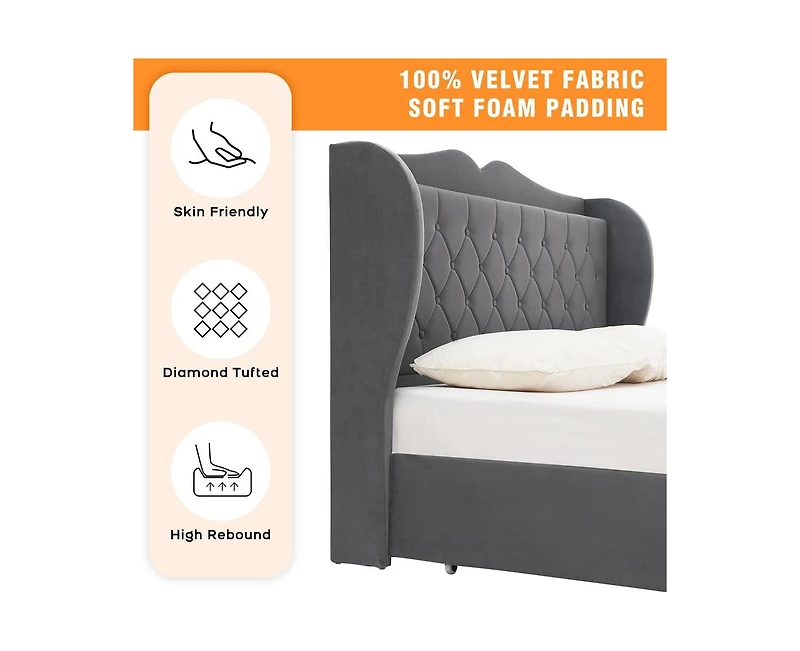 gaomon King Size Bed Frame with Charging Station and 4 Storage Drawers, Velvet Upholstered Tall Tufted Wingback Headboard and Storage Shelf, No Box Sp