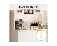 gaomon Tall Kitchen Pantry Cabinet, Kitchen Storage Cabinet with Led Lights and Power Outlets, Food Pantry Cabinet with Microwave Stand, Glass Door, A