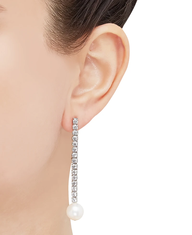 Arabella Cultured Freshwater Pearl (10mm) & Cubic Zirconia Linear Drop Earrings in Sterling Silver