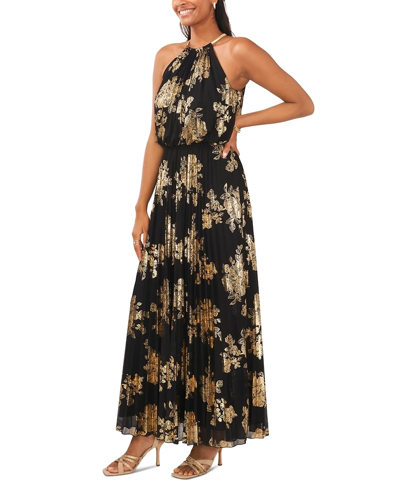Msk Petite Pleated Gold-Print Gown