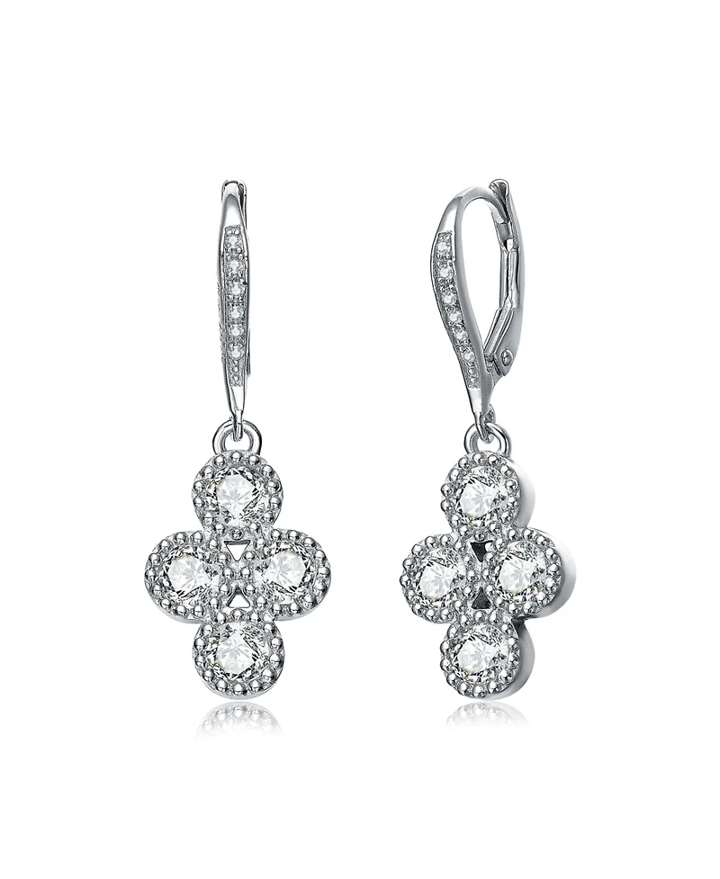 Sterling Silver White Gold Plated with Clear Cubic Zirconia Dangling Earrings