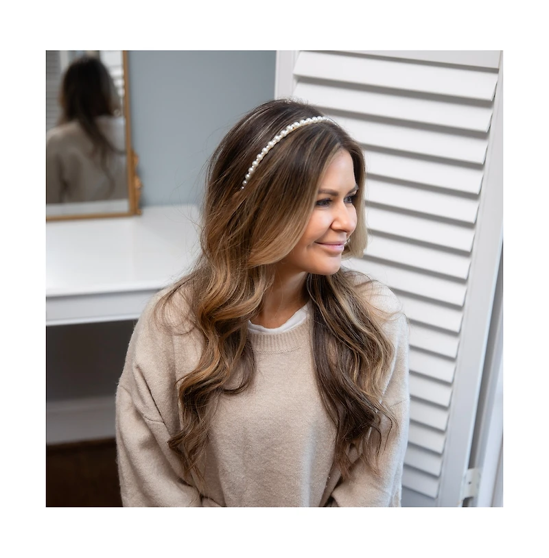 Thin Embellished Headband - White Pearl