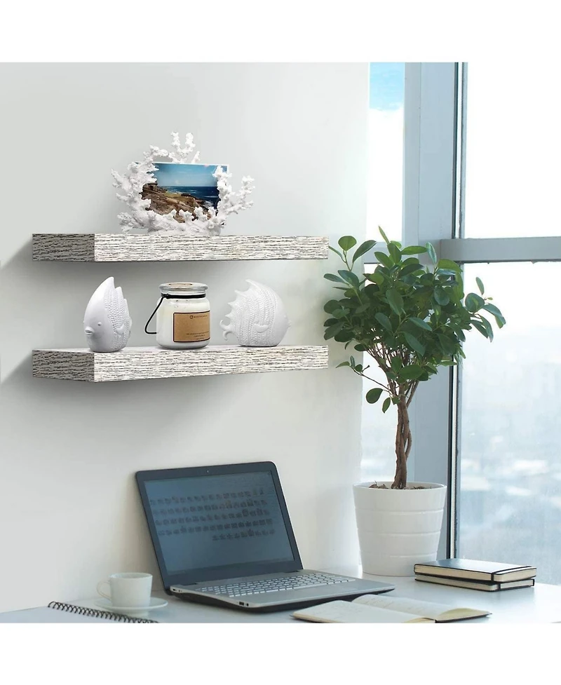 2 Pack 16 Inch Sorbus Coastal Rectangle Floating Shelves - for Home DAcor to Display Trophies, Books, Frames, and more (Rustic White)