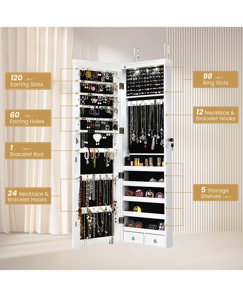 Gouun Wall and Door Mounted Mirrored Jewelry Cabinet with Lights