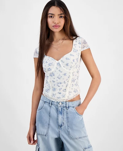 Hippie Rose Juniors' Corset Short-Sleeve Mesh Top