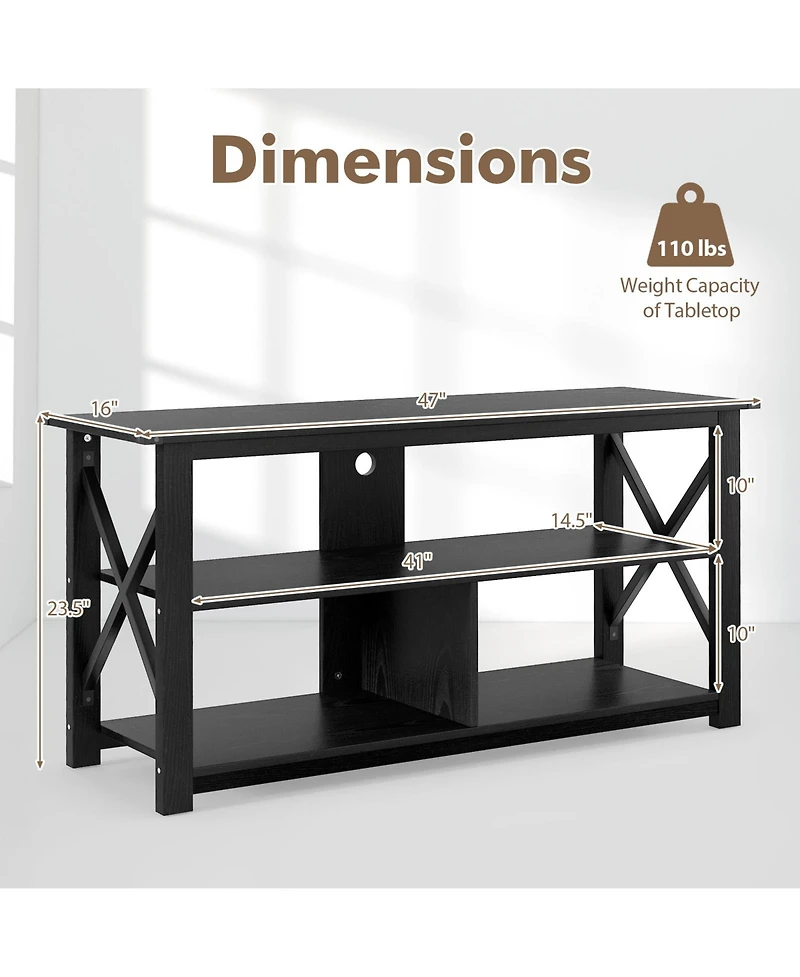 Gouun 3 Tier Wood Tv Stand for 55-Inch with Open Shelves and X-Shaped Frame