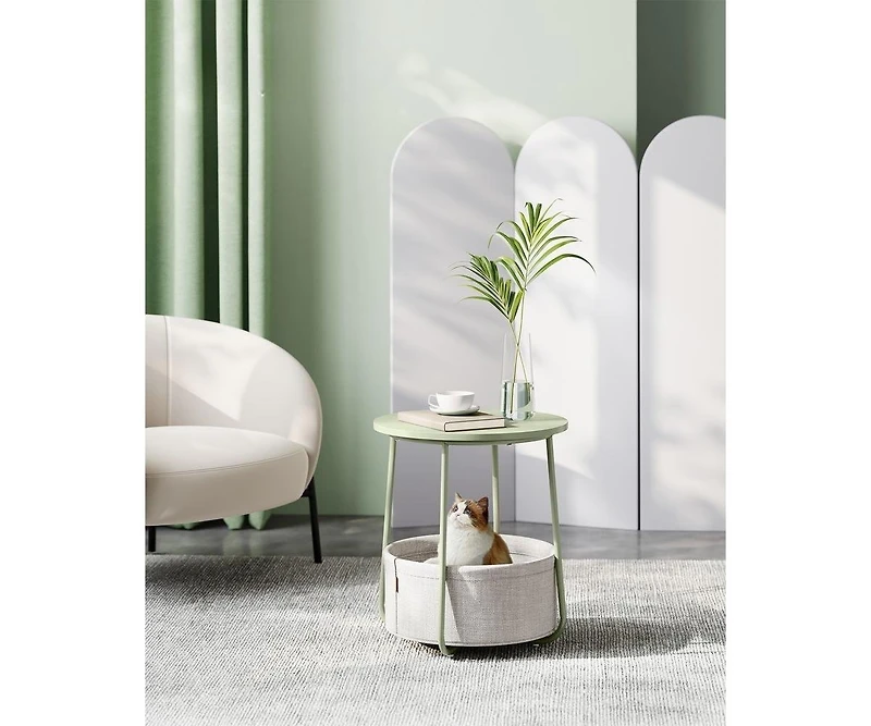 Slickblue Small Round Side End Table, Modern Nightstand with Fabric Basket