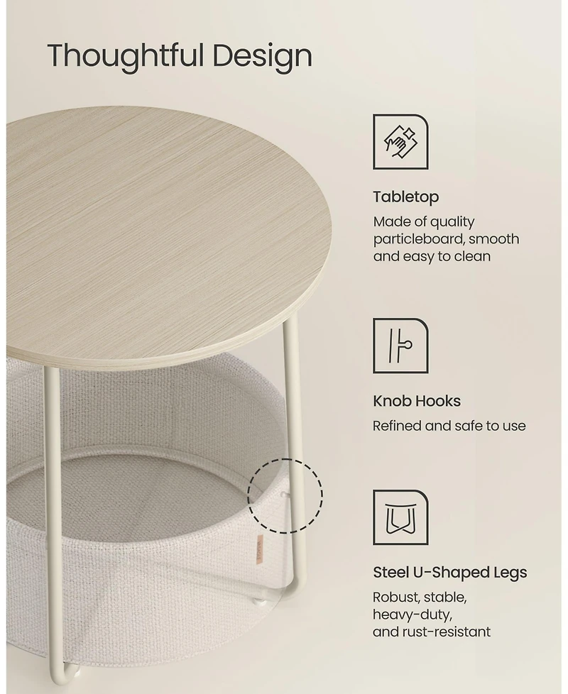 Slickblue Small Round Side End Table, Modern Nightstand with Fabric Basket