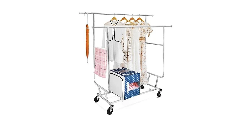 Slickblue Heavy Duty Double Bar Clothes Hanging Garment Rack on Lockable Wheels Durable and Secure