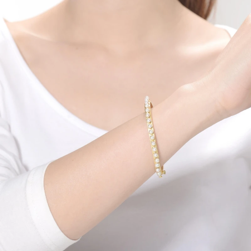 Genevive Sterling Silver 14K Gold Plated Beaded Bangle Bracelet with Shell Pearls