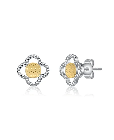 Two-Tone Milgrain Medallion Flower Stud Earrings in White Gold Plated or 14K Gold Plated