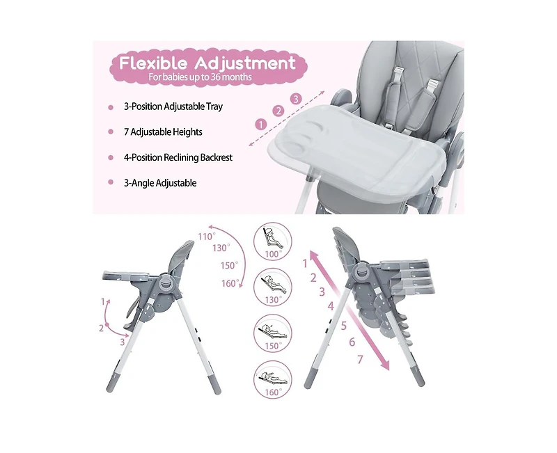 gaomon Multifunctional Baby High Chair, Foldable Infant Highchairs with Removable Tray, Adjustable Height and Recline, Easy Cleaning High Chair for Ba