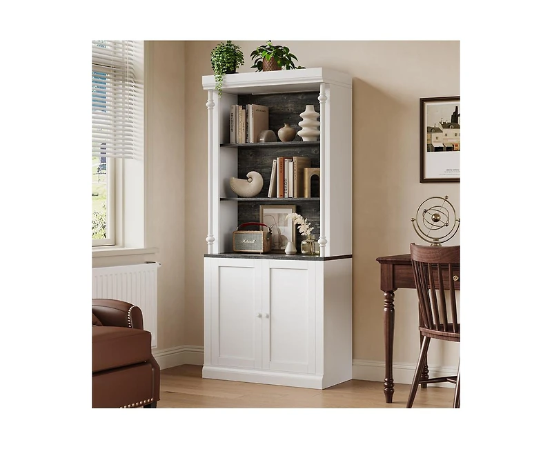 gaomon Tall Storage Bookcase with 3-Tier Open Shelves and Double Door, Roman Column Design and 4 Adjustable Lights, White & Black Wood Grain Display S