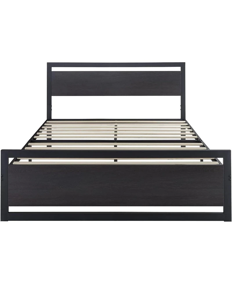 Industrial Metal Platform Bed – Wood Headboard and Footboard with Slat Support