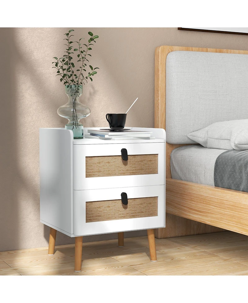 Gouun Modern End Table Bedside Table with 2 Rattan Decorated Drawers