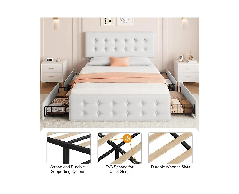 gaomon Queen Size Bed Frame with 4 Storage Drawers and Headboard, Pu Upholstered Platform Bed Frame with Stitched Button Tufted Design