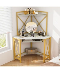 Gouun Space-Saving Corner Computer Desk with with Hutch and Keyboard Tray