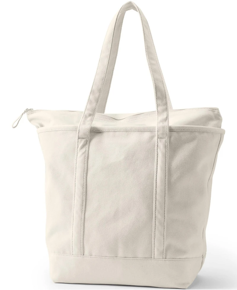 Lands' End Large Natural 5 Pocket Zip Top Long Handle Canvas Tote Bag