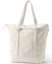 Lands' End Large Natural 5 Pocket Zip Top Long Handle Canvas Tote Bag