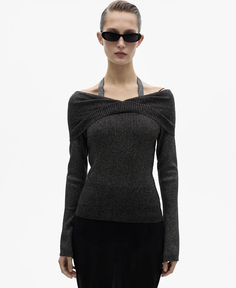 Mango Women's Bare Shoulders Lurex Sweater