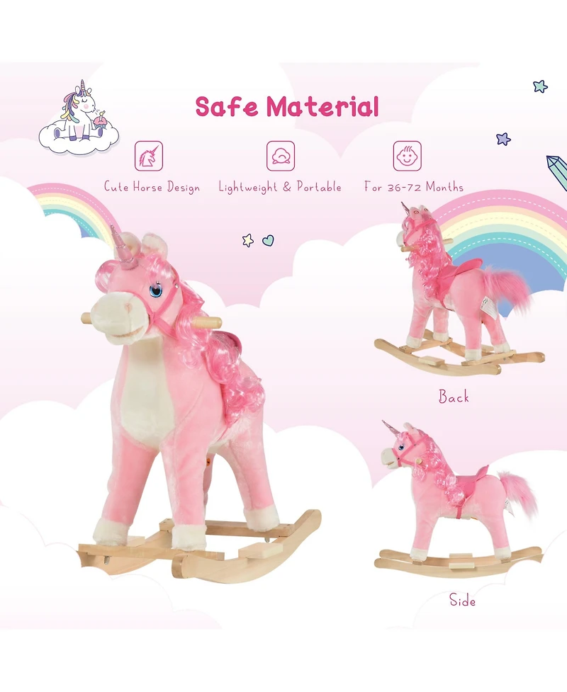 Qaba Kids Rocking Horse, Ride on Unicorn w/ Wooden Base, Tail Wag & Sounds