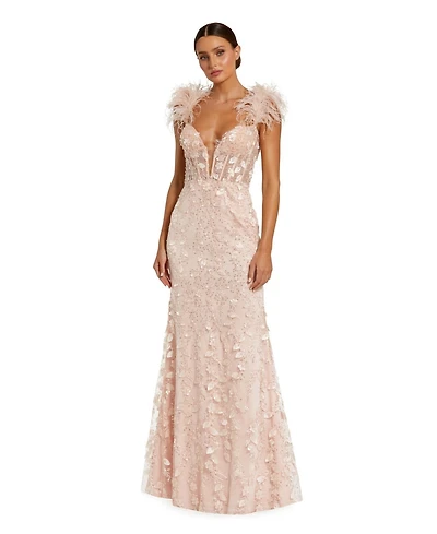 Mac Duggal Women's Sheer Applique Bustier Gown with Feather Straps