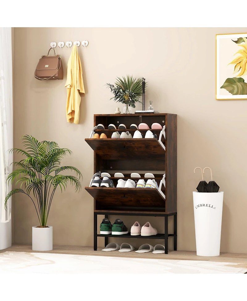 Gouun Industrial Shoe Storage Cabinet with 2 Flip Drawers and 1 Bottom Metal Shelf