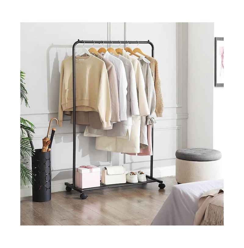 Rolling Garment Rack – Steel Tube Clothes Organizer with Bottom Mesh Shelf for Bedroom or Laundry Room