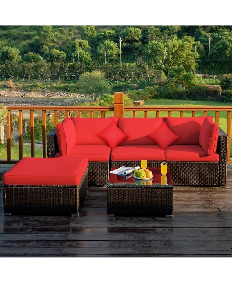 5 Pcs Outdoor Patio Rattan Furniture Set Sectional Conversation with Cushions