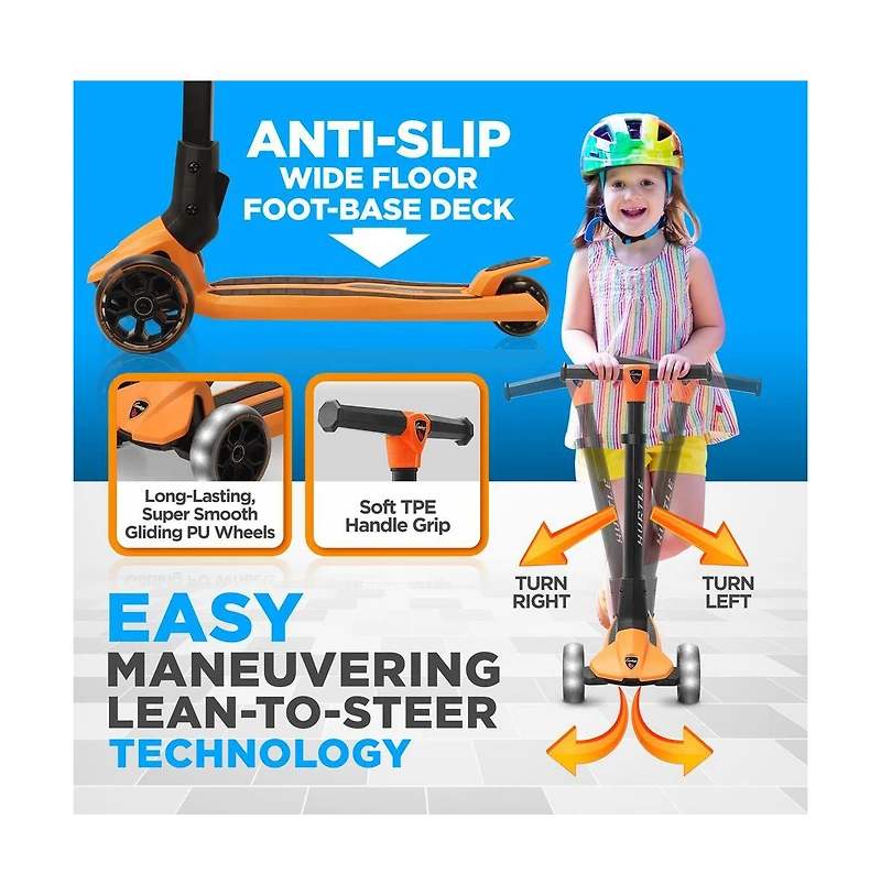 Hurtle 3-Wheel Foldable Kids Scooter With Led Wheel Lights - Orange