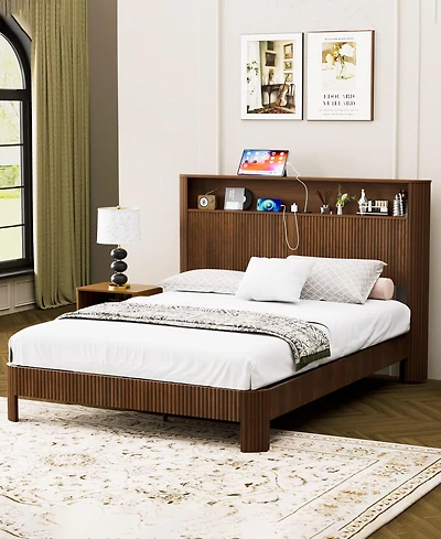 Dyhome Floating Bed Frame Queen with Headboard Storage, Bed Frame Queen Size with Charging Station & Led Lights, Pu Leather Upholstered Platform Bed F