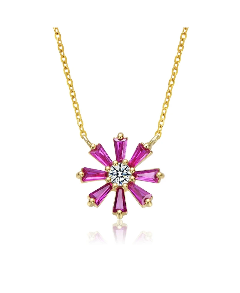 Sterling Silver 14K Gold Plated Flower Necklace with Red Cubic Zirconia Petals