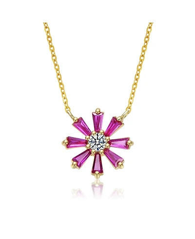 Sterling Silver 14K Gold Plated Flower Necklace with Red Cubic Zirconia Petals