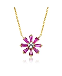 Sterling Silver 14K Gold Plated Flower Necklace with Red Cubic Zirconia Petals