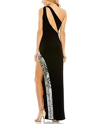 Mac Duggal Women's One Shoulder Cut Out Mirror Sequin High Slit Gown