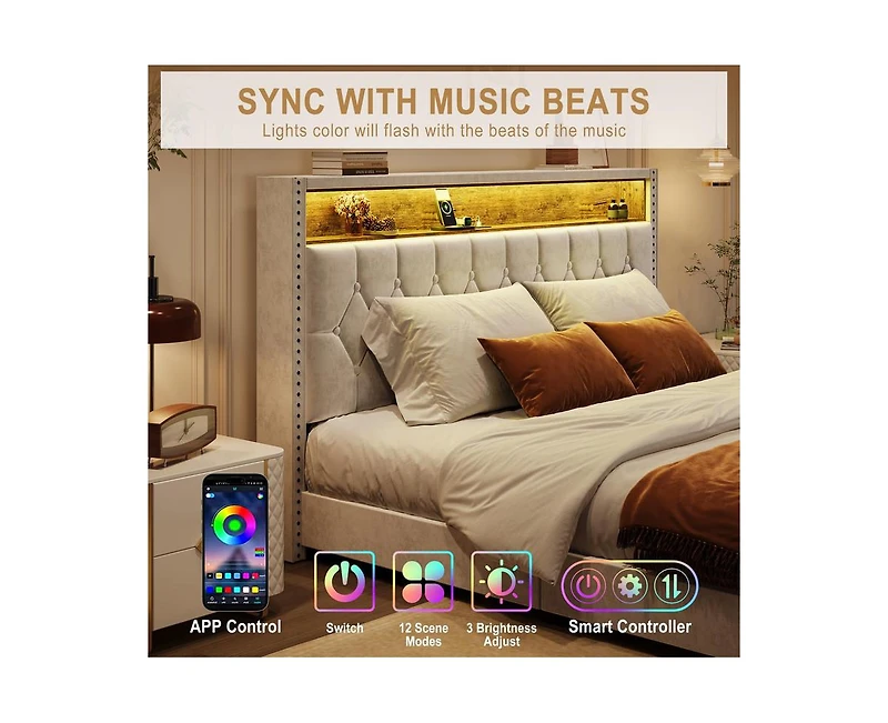 gaomon Full Velvet Upholstered Bed Frame with Storage Headboard and Built-in Charging Station, Smart Led Lights and Nailhead Trim Wingback, Wood Slats