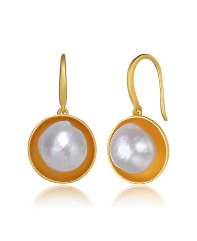 Sterling Silver 14K Gold Plated with Genuine Freshwater Round Pearl Hook Earrings